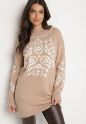 Beżowy Długi Sweter z Wiskozą Ozdobiony Haftem Delarose. Brązowe swetry nierozpinane damskie Born2be, na jesień, bez wzorów, z jeansu, eleganckie, bez kołnierzyka, bez ramiączek. Za 149.99 zł.