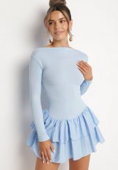 Niebieska Rozkloszowana Sukienka z Długim Rękawem i Falbanką Reonaria. Niebieskie sukienki damskie Born2be, na co dzień, bez wzorów, eleganckie, bez kołnierzyka, bez ramiączek, mini, rozkloszowane. Za 89.99 zł.