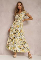 Żółto-Czarna Sukienka Arginca. Żółte sukienki damskie Renee, na imprezę, l, z aplikacjami, z materiału, eleganckie, bez kołnierzyka, bez ramiączek, maxi, kopertowe. Za 74.99 zł.