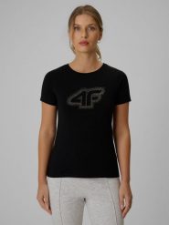 4F T-shirt slim z nadrukiem damski - czarny M. Czarne t-shirty damskie 4F, m, bez wzorów, z bawełny, bez kołnierzyka, bez ramiączek. Za 69.99 zł.