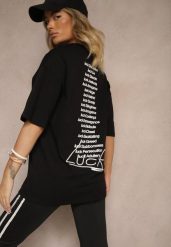 Czarna Koszulka o Fasonie T-shirt z Napisami Na Plecach i na Przodzie Seninora. Czarne bluzki damskie Renee, l, bez wzorów, z jeansu, klasyczne, bez kołnierzyka, bez ramiączek. Za 39.99 zł.
