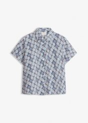 Bluzka z krótkim rękawem z wiskozy. Niebieskie bluzki damskie bonprix, bez wzorów, z wiskozy, eleganckie, bez kołnierzyka, bez ramiączek. Za 54.99 zł.