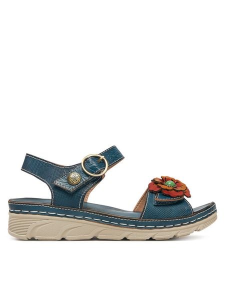 Laura Vita Sandały Dorry 03 Granatowy. Niebieskie sandały damskie Laura Vita, bez wzorów, ze skóry, bez obcasa, na koturnie, bez zapięcia. Za 259.99 zł.