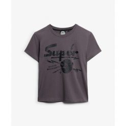 Damska dopasowana koszulka Superdry Band Merch. Szare bluzki damskie Superdry, bez wzorów, bez kołnierzyka, bez ramiączek. W wyprzedaży za 125.80 zł.