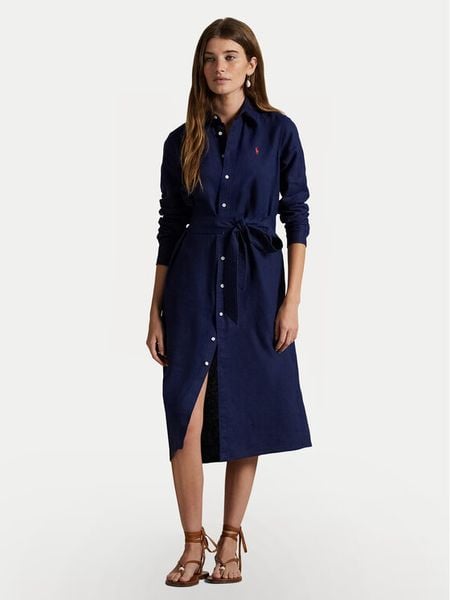 Polo Ralph Lauren Sukienka koszulowa 211943992005 Granatowy Regular Fit. Niebieskie sukienki damskie Polo Ralph Lauren, bez wzorów, ze lnu, bez kołnierzyka, bez ramiączek, koszulowe. Za 689.99 zł.