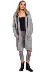 Dłuższy sweter kardigan z kapturem połyskująca nitka szary. Szare kardigany damskie Polskie swetry, na lato, l, bez wzorów, z dzianiny, eleganckie, bez kołnierzyka. Za 309.00 zł.