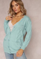 Miętowy Dzianinowy Kardigan z Tłoczeniami o Wydłużonym Fasonie z Kieszeniami Luittis. Zielone kardigany damskie Renee, bez wzorów, z bawełny, bez kołnierzyka. Za 89.99 zł.