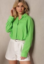 Jasnozielona Koszula z Bawełny o Krótkim Kroju Ozdobiona Kieszonką i Troczkiem na Guziki Efille. Zielone koszule damskie Renee, l, bez wzorów, z bawełny, klasyczne, bez kołnierzyka, bez ramiączek. Za 84.99 zł.