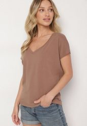 Ciemnobeżowy Bawełniany T-shirt z Trójkątnym Dekoltem Linarosea. Brązowe t-shirty damskie Born2be, m, bez wzorów, z bawełny, klasyczne, bez kołnierzyka, bez ramiączek. Za 49.99 zł.