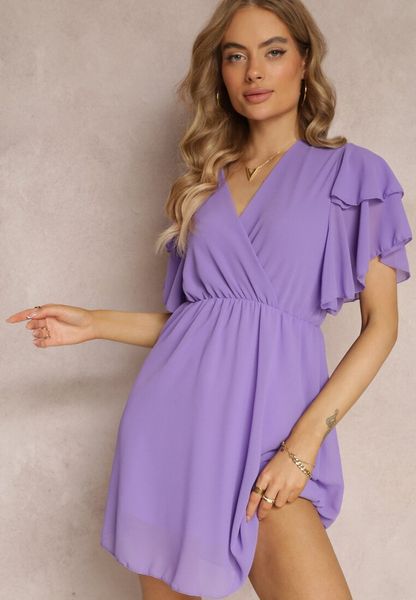 Fioletowa Sukienka Nemele. Fioletowe sukienki damskie Renee, na lato, m, bez wzorów, bez kołnierzyka, bez ramiączek, mini, kopertowe. Za 79.99 zł.