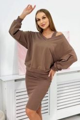 Komplet bluzka + sukienka prążkowana mocca. Sukienki damskie KESI, na co dzień, l, bez wzorów, z bawełny, eleganckie, bez kołnierzyka, bez ramiączek. Za 292.73 zł.