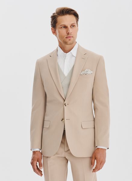 PAKO LORENTE – Beżowa marynarka męska. Brązowe garnitury męskie Pako Lorente, m, bez wzorów, z elastanu. Za 699.99 zł.