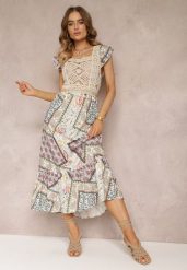 Niebiesko-Beżowa Bawełniana Sukienka z Szydełkową Wstawką i Wzorem Paisley Rynlia. Niebieskie sukienki damskie Renee, na co dzień, l, bez wzorów, z bawełny, bez kołnierzyka, bez ramiączek, maxi, proste. Za 49.99 zł.