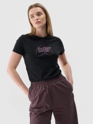 4F T-shirt slim z nadrukiem damski - czarny S. Czarne t-shirty damskie 4F, s, bez wzorów, z bawełny, klasyczne, bez kołnierzyka, bez ramiączek. W wyprzedaży za 29.99 zł.