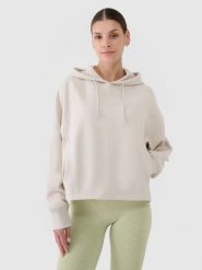 4F Bluza dresowa nierozpinana z kapturem damska - beżowa S. Brązowe bluzy damskie 4F, s, bez wzorów, z bawełny, sportowe, bez ramiączek, z kapturem. W wyprzedaży za 99.99 zł.