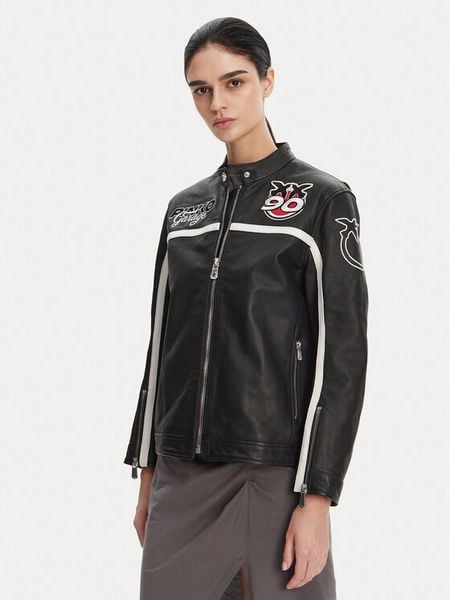 PINKO Kurtka skórzana 105296 A2N5 Czarny Regular Fit. Czarne kurtki damskie Pinko, bez wzorów, ze skóry, bez kaptura. Za 1,319.00 zł.
