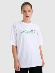 4F T-shirt oversize z nadrukiem damski - biały XL. Białe koszulki sportowe damskie 4F, uniwersalny, bez wzorów, z bawełny, bez ramiączek. W wyprzedaży za 39.99 zł.