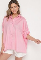 Różowa Bawełniana Koszula o Kroju Oversize Zialira. Czerwone koszule damskie Born2be, bez wzorów, z bawełny, eleganckie, bez kołnierzyka, bez ramiączek. Za 84.99 zł.