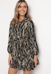 Czarna Rozkloszowana Sukienka Koszulowa z Wiązanym Paskiem Aultum. Czarne sukienki damskie Born2be, l, bez wzorów, z materiału, bez kołnierzyka, bez ramiączek, mini, koszulowe. Za 149.99 zł.