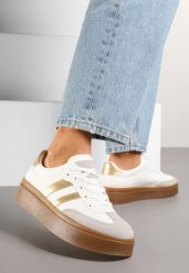 Biało-Złote Klasyczne Sneakersy Tenisówki na Niskiej Platformie Denirla. Białe trampki i tenisówki damskie Renee, bez wzorów, z jeansu, bez zapięcia. Za 74.99 zł.