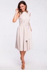 Lniana sukienka na lato rozkloszowana dekolt V i pasek beż. Brązowe sukienki damskie Stylove, na co dzień, na lato, s, bez wzorów, ze lnu, eleganckie, bez kołnierzyka, bez ramiączek, midi, dopasowane. Za 249.00 zł.