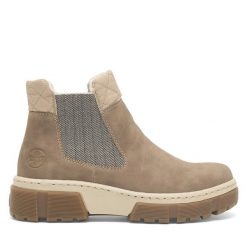 Botki Rieker. Brązowe botki damskie Rieker, bez wzorów, bez obcasa, na płaskiej podeszwie, bez zapięcia. Za 279.00 zł.