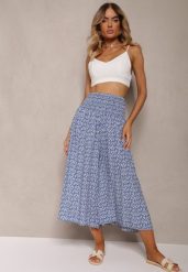 Niebieskie Bawełniane Spodnie Culottes z Szeroką Gumką w Pasie i Kwiatowym Printem Pellagia. Niebieskie spodnie materiałowe damskie Renee, bez wzorów, z bawełny. Za 39.99 zł.