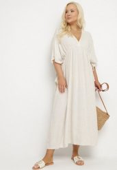 Beżowa Wiskozowa Sukienka z Lnem o Nietoperzowym Kroju z Wiązaniem Tolureia. Brązowe sukienki damskie Born2be, na co dzień, uniwersalny, bez wzorów, z wiskozy, eleganckie, bez kołnierzyka, bez ramiączek, midi, kopertowe. Za 139.99 zł.