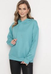 Niebieska Bluza Kangurka z Kapturem i Szeroką Kieszenią Rihea. Niebieskie bluzy damskie Born2be, bez wzorów, casualowe, bez ramiączek, z kapturem. Za 74.99 zł.