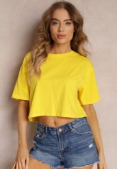 Żółty T-shirt o Fasonie Cropped Oversize Brighta. Żółte t-shirty damskie Renee, l, bez wzorów, eleganckie, bez kołnierzyka, bez ramiączek. Za 24.99 zł.