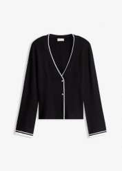 Sweter rozpinany z prążkowanej mieszanki wiskozy. Czarne kardigany damskie bonprix, bez wzorów, prążkowane, bez kołnierzyka. Za 119.99 zł.