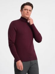 Męski jednokolorowy dzianinowy golf z wiskozą bordowy V4 OM-SWTN-0101 XXL. Czerwone swetry męskie Ombre, m, bez wzorów, z dzianiny, bez kołnierzyka, bez ramiączek. Za 121.01 zł.