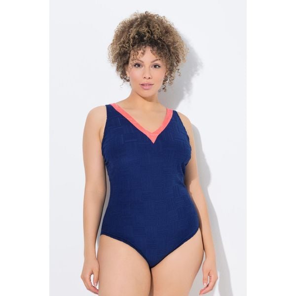 Damski Strój kąpielowy struktura bez miękkich miseczek dekolt w serek. Niebieskie stroje kąpielowe damskie Ulla Popken, plus size, bez wzorów, z elastanu. Za 239.99 zł.