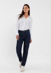 Granatowe jeansy, Straight Fit, D-SANA. Niebieskie jeansy damskie Volcano, bez wzorów, z bawełny, klasyczne. Za 159.99 zł.