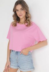 Różowy Krótki T-shirt Oversize Lilu. Czerwone t-shirty damskie Born2be, l, bez wzorów, z bawełny, eleganckie, bez kołnierzyka, bez ramiączek. Za 29.99 zł.