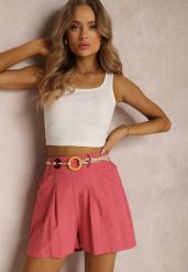Ciemnoróżowe Bawełniane Szorty z Paskiem Haidiera. Czerwone szorty damskie Renee, bez wzorów, z bawełny, eleganckie, z podwyższonym stanem. Za 49.99 zł.