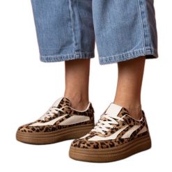 Panterkowe sneakersy trampki na grubej podeszwie brązowe. Brązowe trampki i tenisówki damskie bez wzorów, z gumy, bez zapięcia. Za 135.07 zł.