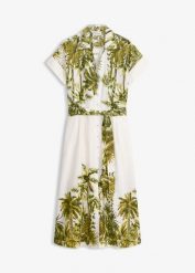 Sukienka szmizjerka z wiązanym paskiem. Białe sukienki damskie bonprix, bez wzorów, eleganckie, bez kołnierzyka, bez ramiączek, szmizjerki. Za 59.99 zł.