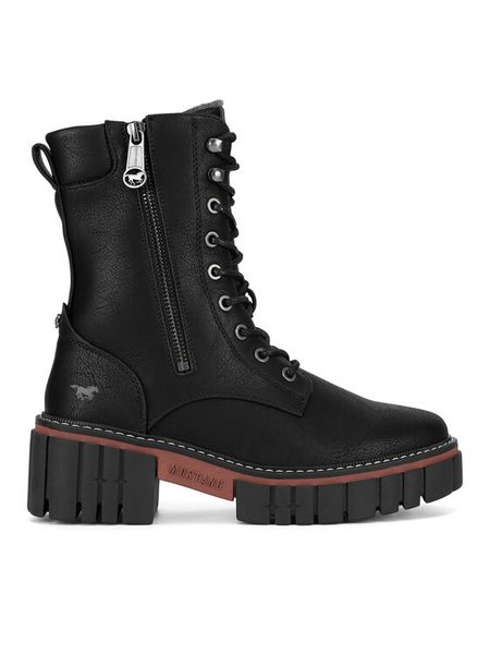 Mustang Trzewiki 1447-504 Czarny. Czarne botki damskie Mustang, bez wzorów, z materiału, bez obcasa, na słupku, bez zapięcia. Za 299.99 zł.