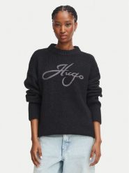 HUGO Sweter 50569398 Czarny Relaxed Fit. Czarne swetry nierozpinane damskie Hugo, s, bez wzorów, z wełny, bez kołnierzyka, bez ramiączek. Za 764.99 zł.