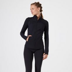 Bluza na zamek damska Domyos fitness 900 training. Czarne bluzy damskie DOMYOS, l, bez wzorów, z elastanu, sportowe, bez ramiączek, bez kaptura. Za 169.99 zł.