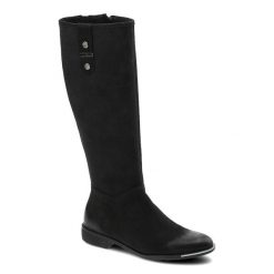 Czarne Kozaki Chebello Damskie Stylowe Obuwie. Czarne kozaki damskie CheBello, bez wzorów, z nubiku, przed kolano, bez obcasa, na obcasie, bez zapięcia. Za 299.00 zł.