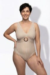 Damskie Strój kąpielowy fakturowane paski miękkie miseczki ozdobny pierścień. Brązowe stroje kąpielowe damskie Ulla Popken, plus size, bez wzorów, z elastanu. Za 191.99 zł.