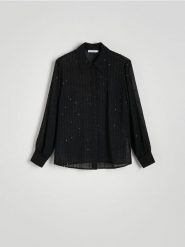 Koszula z cekinami - czarny. Czarne koszule damskie Reserved, l, bez wzorów, z tkaniny, bez kołnierzyka, bez ramiączek. W wyprzedaży za 59.99 zł.