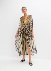 Długa sukienka. Brązowe sukienki damskie bonprix, z aplikacjami, eleganckie, bez kołnierzyka, bez ramiączek, maxi. Za 124.99 zł.