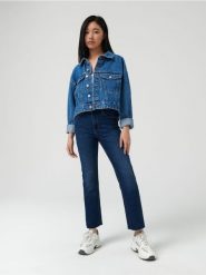 Jeansy slim mid waist - granatowy. Niebieskie jeansy damskie Sinsay, bez wzorów, z bawełny. W wyprzedaży za 49.99 zł.