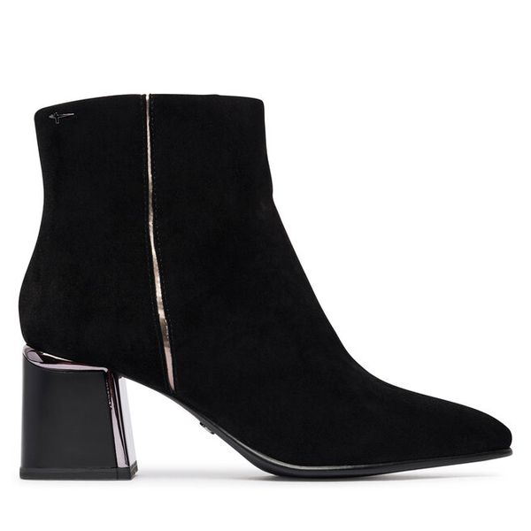 Botki Tamaris. Czarne botki damskie Tamaris, bez wzorów, bez obcasa, na słupku, bez zapięcia. Za 484.99 zł.