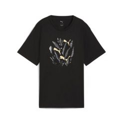 Damska koszulka o luźnym kroju z grafiką liści PUMA Black. Czarne bluzki damskie Puma, bez wzorów, sportowe, bez kołnierzyka, bez ramiączek. Za 129.00 zł.