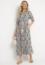 Czarna Sukienka z Wiskozy o Pudełkowym Kroju w Ornamentalny Wzór Ridisa. Czarne sukienki damskie Born2be, na co dzień, l, bez wzorów, z wiskozy, eleganckie, bez kołnierzyka, bez ramiączek, maxi, kopertowe. Za 74.99 zł.