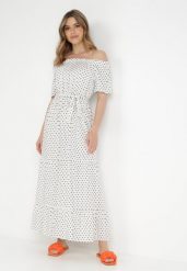 Biała Sukienka z Wiskozy Typhice. Białe sukienki damskie Born2be, na lato, l, bez wzorów, z materiału, bez kołnierzyka, bez ramiączek, maxi. Za 64.99 zł.